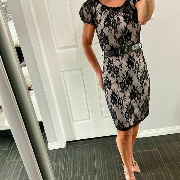 Mango black/blush cocktail lace dress with belt, short sleeves size xs - Picture 11 of 11